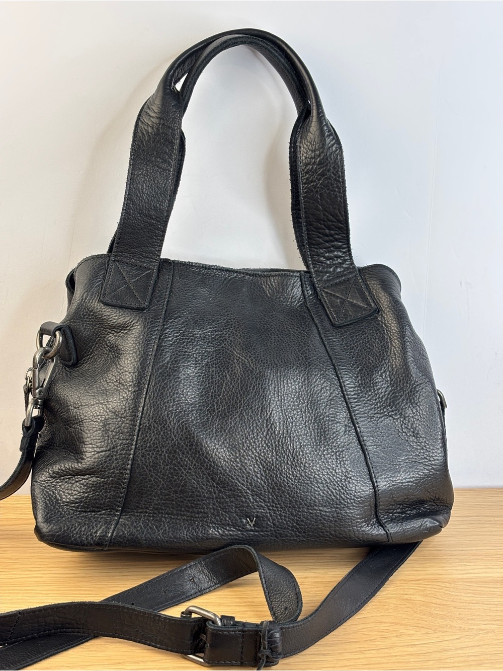 Vilenca Holland Black Genuine Leather Satchel Convertible Crossbody Bag.